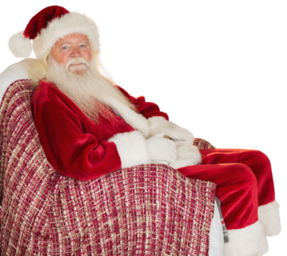 Digital png photo of happy santa sitting on armchair and looking on camera on transparent background