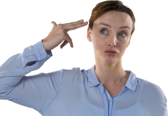 Digital png photo of confused caucasian businesswoman with fingers to head on transparent background