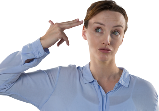 Digital png photo of confused caucasian businesswoman with fingers to head on transparent background