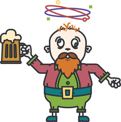 Digital png illustration of bearded drunk man with mug of beer on transparent background