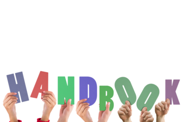 Digital png illustration of hands and handbook text on transparent background