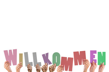 Digital png illustration of hands and wilkommen text on transparent background