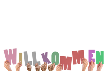 Digital png illustration of hands and wilkommen text on transparent background