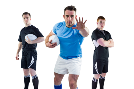 Digital png photo of three male rugby players with balls standing on transparent background