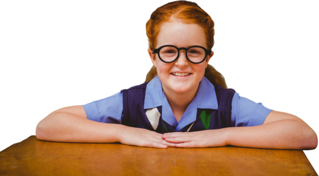 Digital png photo of happy caucasian girl with gloves sitting on desk on transparent background