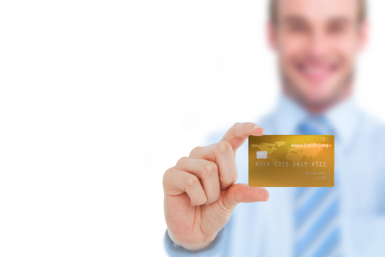 Digital png photo of golden credit card holding by blurred businessman on transparent background