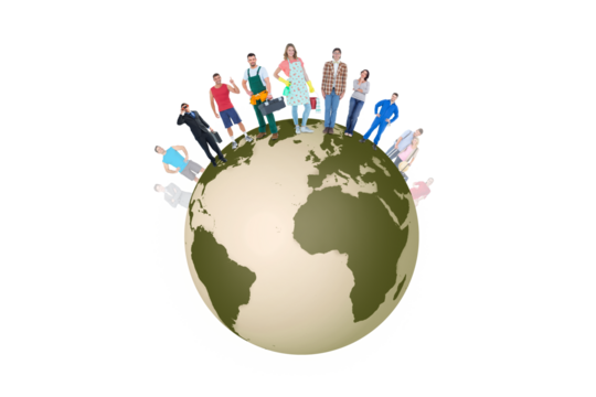 Digital png illustration of many people standing on earth on transparent background