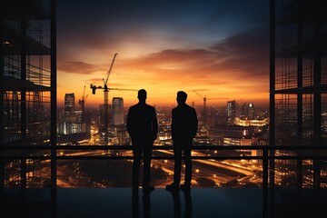 Fototapeta premium Smart civil engineer standing looking at unfinished construction project. Generative Ai