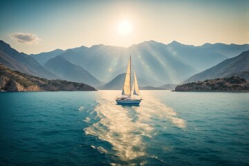 Sailing yacht in the sea on a sunny day. - obrazy, fototapety, plakaty