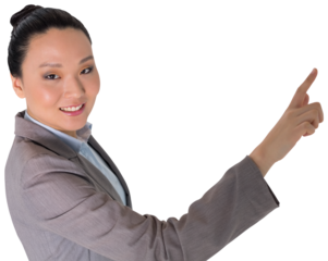 Digital png photo of happy asian businesswoman pointing on transparent background