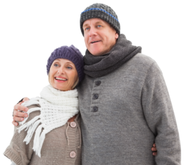 Digital png photo of caucasian couple wearing scarfs and hats embracing on transparent background