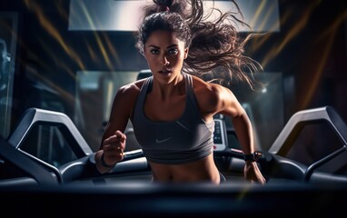 Fototapeta na wymiar Woman in sports clothes running on a treadmill at the gym. Strong athlete, female runner. Runner concept with copy space.