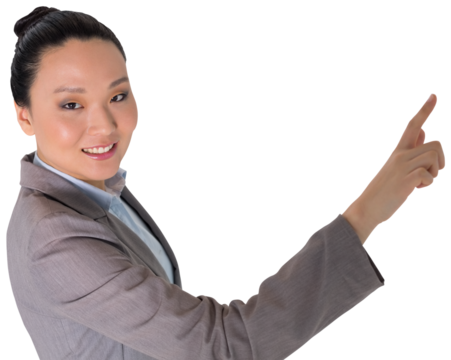 Digital png photo of happy asian businesswoman pointing on transparent background