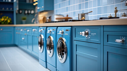 a modern kitchen with washing machines and dryers