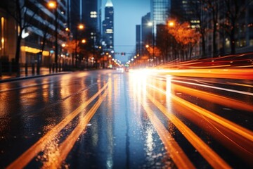 Fototapeta na wymiar Street scene with blurry traffic, glowing car light dots, minimalist abstracts. Generative AI.