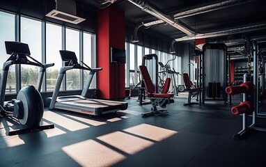 Modern fitness room interior with sports equipment in the gym. Modern exercise equipment for exercise and more. sports equipment in the gym