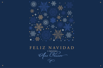 Pancarta de feliz navidad y próspero año nuevo con estrellas y cristales de nieve en cuatro colores, dorado, gris claro, azul y celeste. Recurso gráfico vectorial.