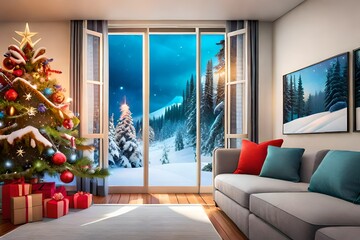 living room with christmas tree generated by AI