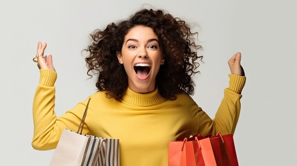 an online shopper wearing a surprised expression against a spotless white background