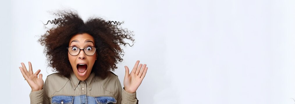 An Online Shopper Wearing A Surprised Expression Against A Spotless White Background