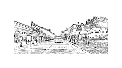Building view with landmark of Sanford is the city in Florida. Hand drawn sketch illustration in vector.
