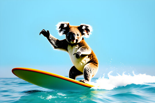 A Koala Is Surfing In The Sea. Generative AI.