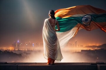  a Indian woman standing in front of city portrait with Indian flag flying,  - obrazy, fototapety, plakaty