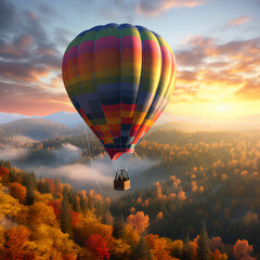 A colorful hot air balloon floating above a fall landscape full of colored trees, tall mountains and flowing rivers.