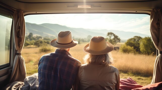 A senior couple embarking on a journey in their van. The spirit of adventure and freedom. The essence of van life travel, with the couple enjoying their golden years, exploring new places.