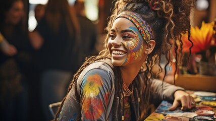 Fototapeta na wymiar Black woman painting a rainbow on her face and grinning at the camera