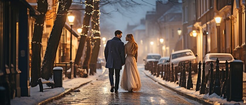 wedding couple strolling across snowy European city,
