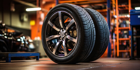 A modern tire showcased in an ambient garage setting, emphasizing its design and durability.