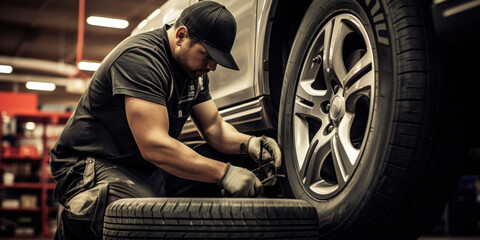 Fototapeta premium Skilled technician focused on fitting a tire onto a car, capturing expertise and commitment to quality service.