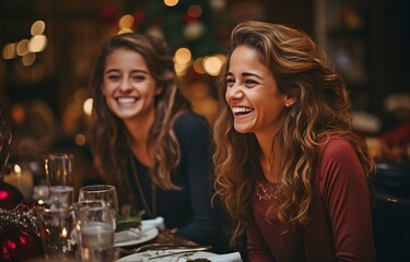 at the Christmas dinner celebration, the daughter and mother are conversing,. - obrazy, fototapety, plakaty