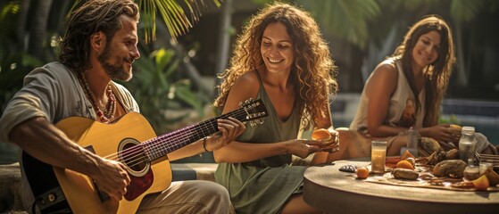 relatives enjoying music by the pool.
