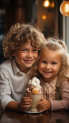 Naklejka premium It's so much fun and delicious to see kids, a boy and a girl, eating ice cream cones in the kitchen..