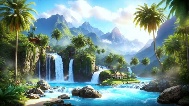 Cartoon or anime illustration style timelapse 4K Seamless looping video waterfall and mountain