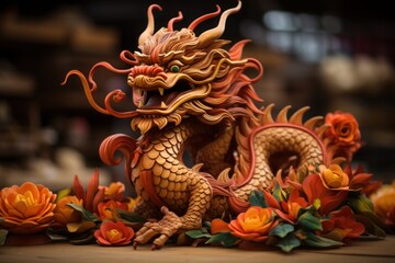 Obraz premium red wooden dragon, symbol of chinese new year