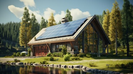 Fototapeta premium A home with solar cell and sunny blue sky. Solar panels on roof of the house renevable energy green power photovoltaic