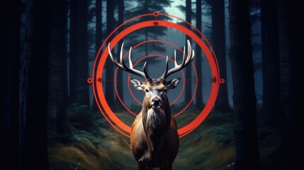 Deer in the woods, crosshair archery target rings. Deer hunting season concept, Generative ai - obrazy, fototapety, plakaty