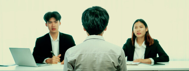 Candidate in job interview with human resources manager at office desk having oratory conversation...