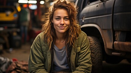 Fototapeta premium An image of a non-binary individual working on a car in an auto shop.