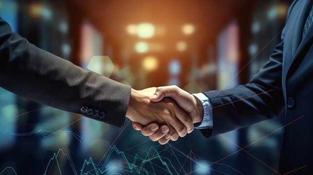 Business people shaking hands, graphs in the background. Generative ai