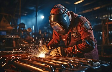 In a bustling metal factory, welders are working on metal construction..