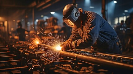 In a bustling metal factory, welders are working on metal construction.. - obrazy, fototapety, plakaty