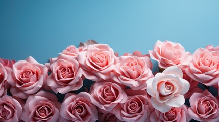 Stack of pink roses on a blue background. Generative ai