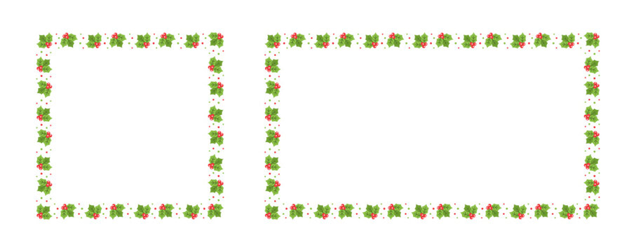 Square and Rectangle Mistletoe Frame Set, Christmas and New Year Card Template, Winter Holiday Season Plant Design Border. Vector Illustration for greetings, invitation, social media post.