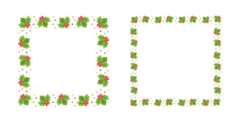 Square and Rectangle Mistletoe Frame Set, Christmas and New Year Card Template, Winter Holiday Season Plant Design Border. Vector Illustration for greetings, invitation, social media post.