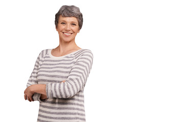 Smile, portrait and mature woman with arms crossed isolated on a transparent png background. Happy...