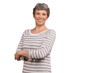 Smile, portrait and mature woman with arms crossed isolated on a transparent png background. Happy face, positive and confident person in casual clothes for fashion, style and trendy in Australia